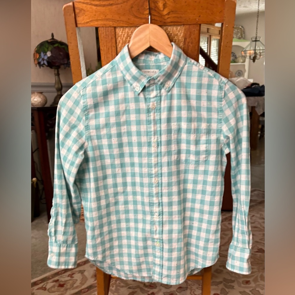 Crewcuts Boys Aqua and White Checkered Gingham Button Down Shirt